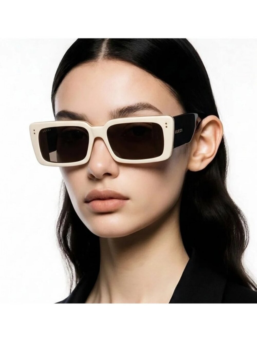Gucci GG0543S 002 Ivory Black Oversized Rectangular Sunglasses Brown Lens